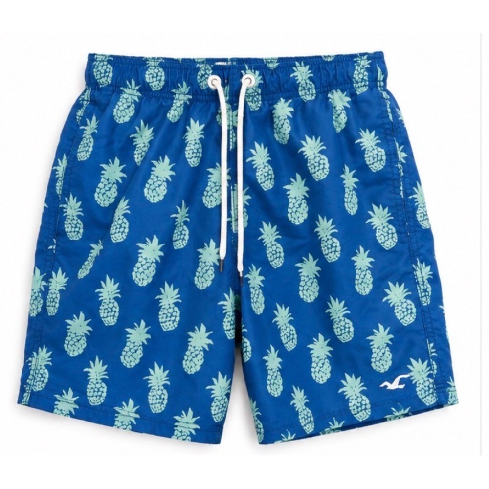 Hollister Swim Trunks Mens XS Blue EUC Pineapple Print Mesh Lined Drawstring